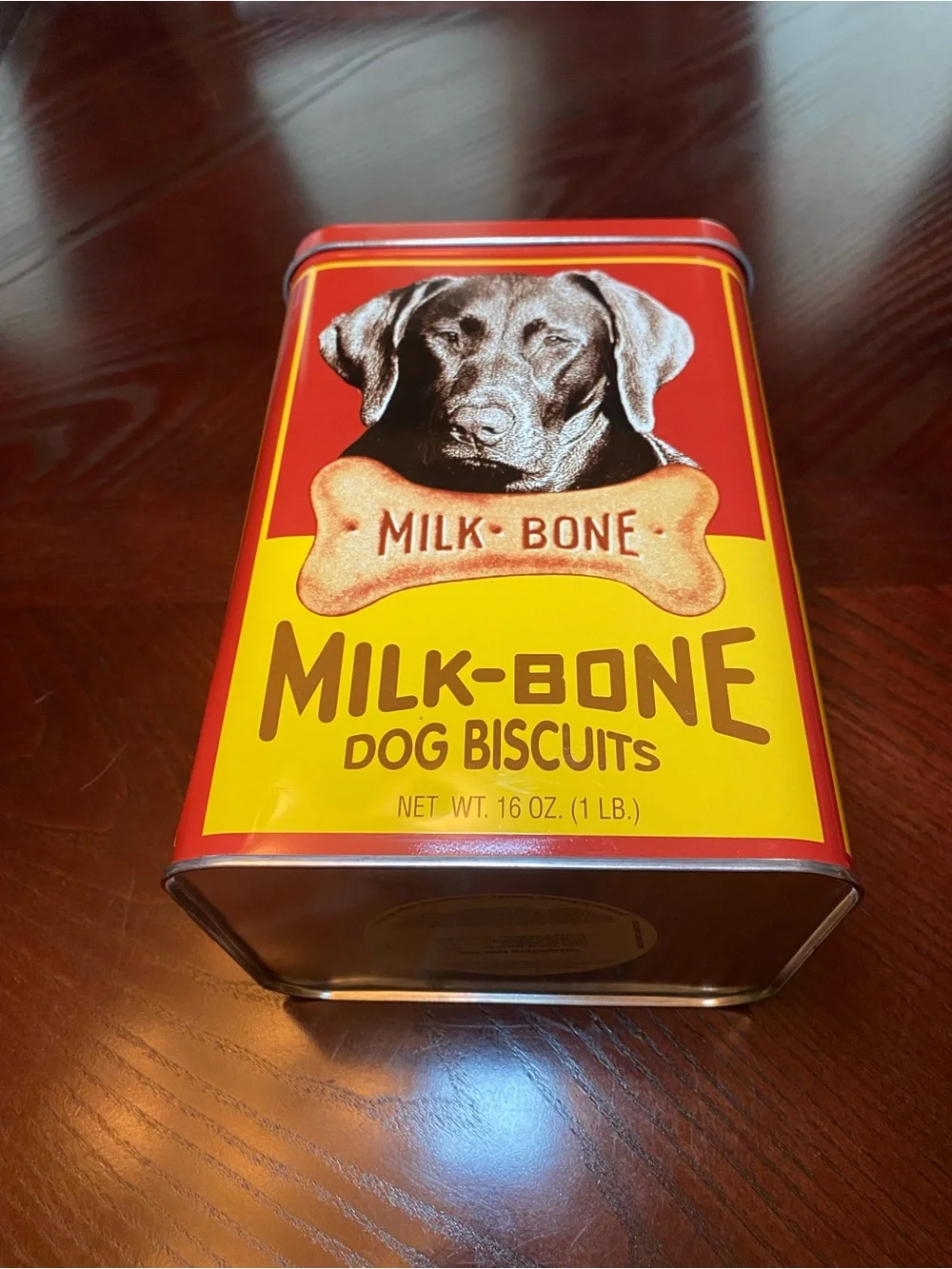 Vintage Red and Yellow Milk-Bone Dog Biscuits Tin Can 9x6x5